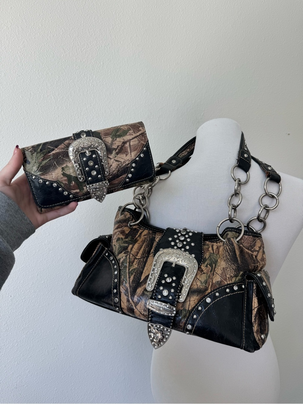 Montana West Camo Print Studded Buckle Shoulder Bag and Wallet Set